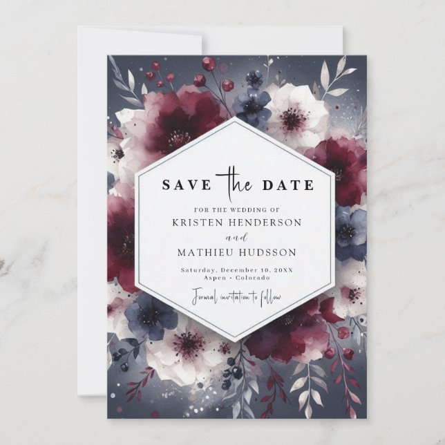 Reserve A Data Casamento de Borgonha Floral (Frente)