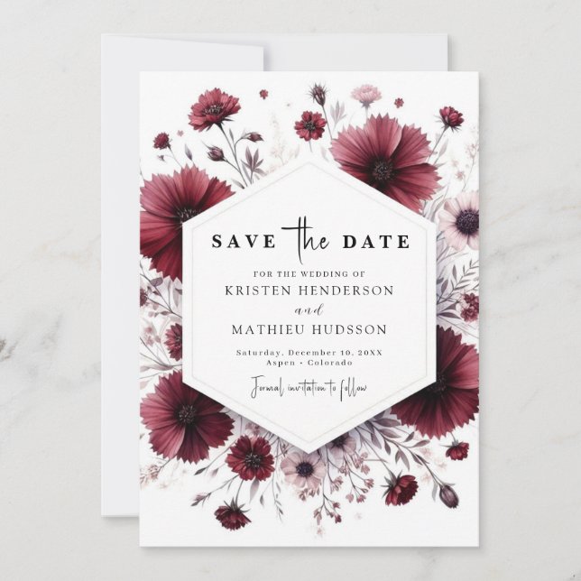 Reserve A Data Casamento de Borgonha Minimalista Chic (Frente)