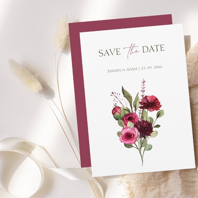Reserve A Data Casamento de Buquê Floral Elegante Burgundy (Elegant Burgundy Floral Bouquet Wedding Save The Date)
