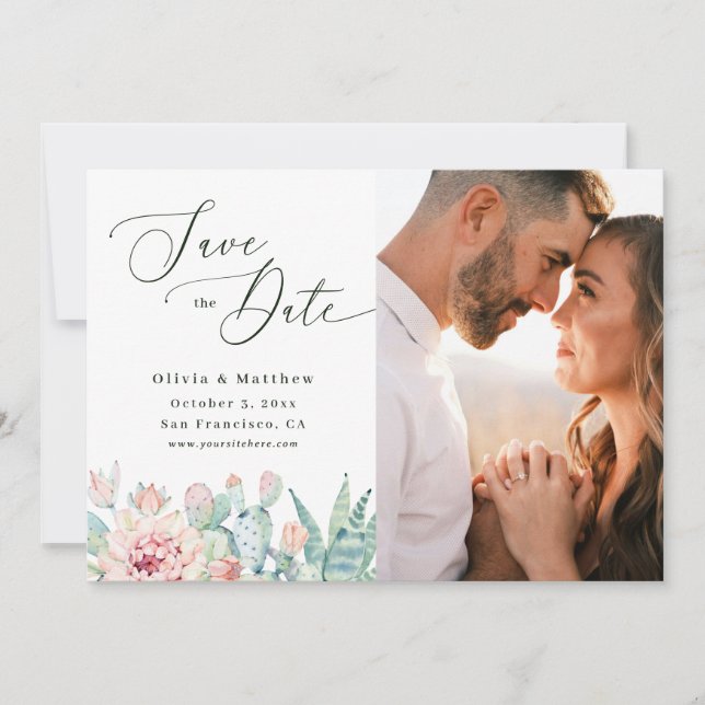 Reserve A Data Casamento de Cacto em Aquarela | Foto Floral Boho (Frente)