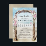 Reserve A Data Casamento de Calendário de Portas de Praia Floral<br><div class="desc">Este belo cartão de data é perfeito para um casamento de destino. Ele apresenta um calendário personalizável onde você pode colocar um coração em volta do seu casamento com um porto de praia de madeira flutuante, enfeitado com flores rosa e brancas. Há espaço para seus nomes, data e local do...</div>