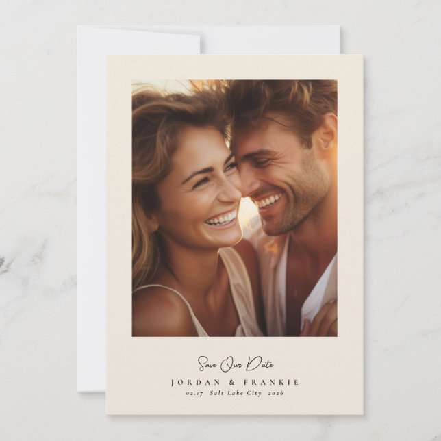 Reserve A Data casamento de caligrafia com 2 fotografias modernas (Frente)