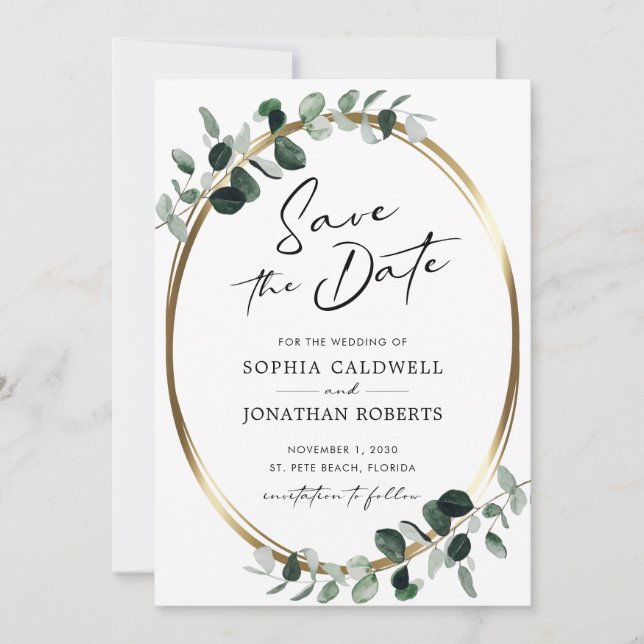 Reserve A Data Casamento de Caligrafia Moderna e Dourada Eucalypt (Frente)