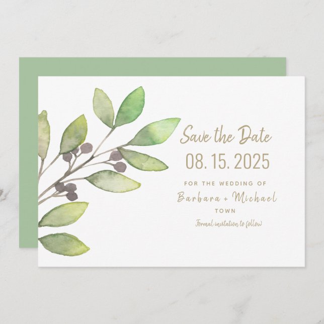 Reserve A Data Casamento de Caligrafia Simples com Verde Mínimo (Frente/Verso)