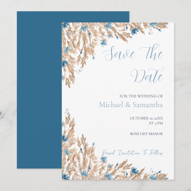 Reserve A Data Casamento de Campos Pó Azul Campo (Frente/Verso)