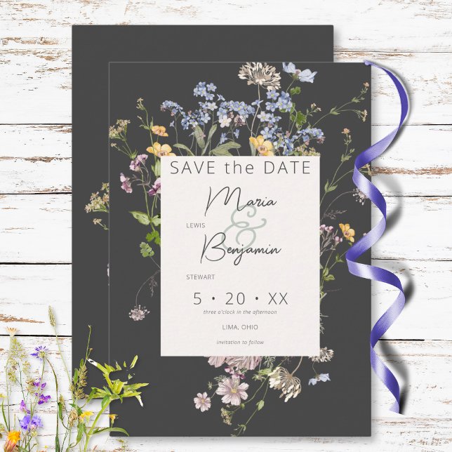 Reserve A Data Casamento de carvão com flores selvagens Delicate  (Delicate Boho Wildflowers Charcoal Wedding Save The Date)