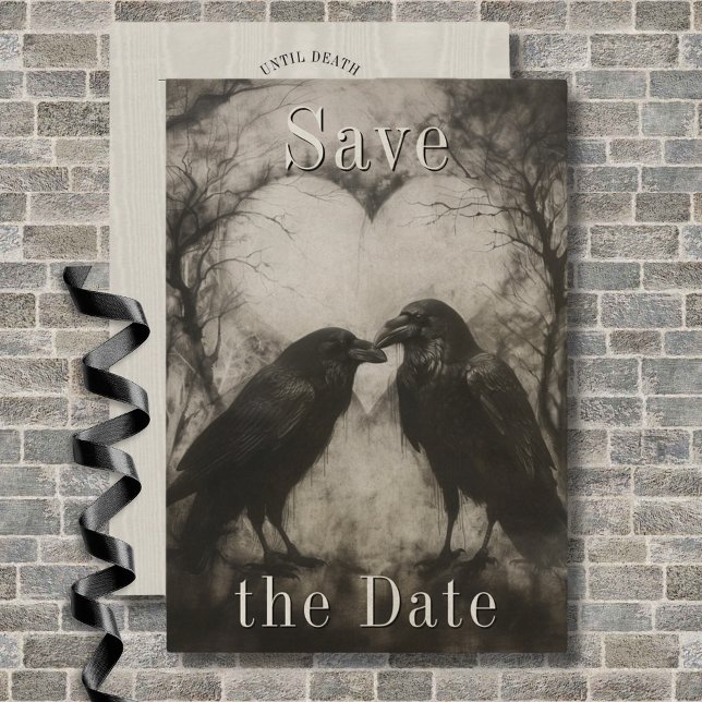 Reserve A Data Casamento de Casal Negro e Tan Raven Gótico Escuro (Dark Gothic Black & Tan Raven Couple Wedding Save The Date)