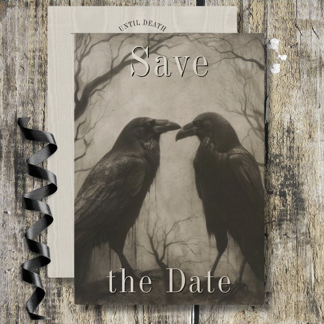 Reserve A Data Casamento de Casal Negro e Tan Raven Gótico Escuro (Dark Gothic Black & Tan Raven Couple Wedding Save The Date)