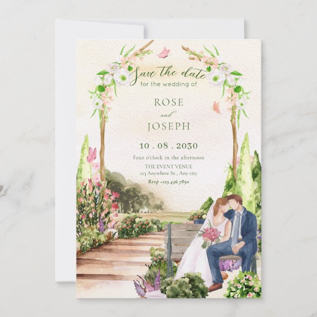 Reserve A Data Casamento de casal no jardim estético aquarela  (Frente)
