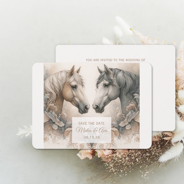 Reserve A Data Casamento De Cavalos De Pastel Elegante Salve O Ca (Elegant Pastel Horses Wedding Save The Date Card (front and back))