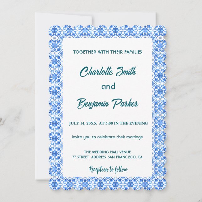 Reserve A Data Casamento de chinoiserie Elegante Blue Flor (Frente)