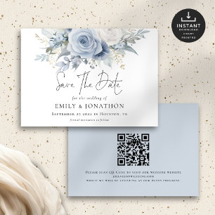 Reserve A Data Casamento de Código QR de Florais Azuis Modernos