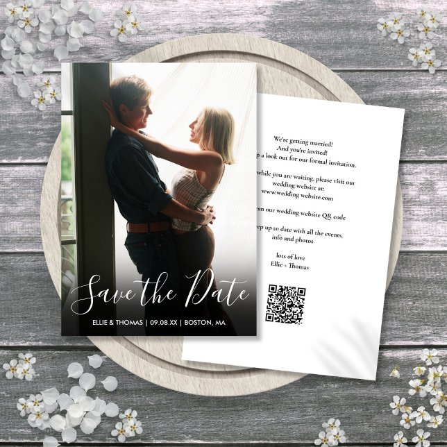Reserve A Data Casamento de Código QR de Foto de Script Elegante (Elegant Script Photo QR Code Wedding Save The Date)