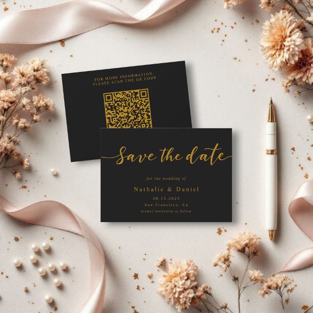 Reserve A Data Casamento de Código QR Preto e Dourado com Script  (Criador carregado)