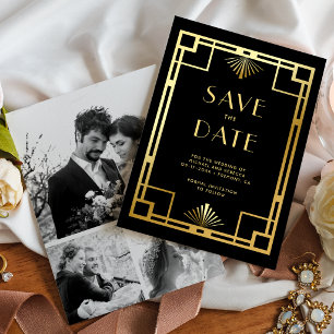 Reserve A Data Casamento de Colagem de Fotos Art Déco Ouro Negro
