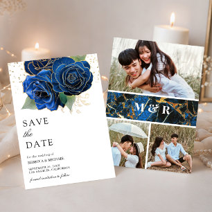 Reserve A Data Casamento de Colagem de Fotos Florais Azul Real