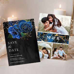 Reserve A Data Casamento de Colagem de Fotos Florais Royal Azul O
