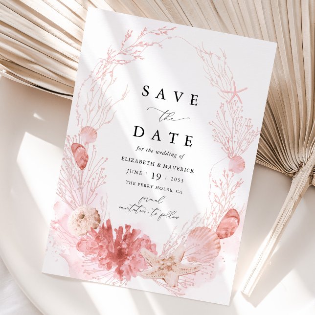 Reserve A Data Casamento de Conchas Marinhas Costeiras na Praia C (Blush Coastal Seashell Save the Date Card Pink Beach Destination Wedding Stationery)