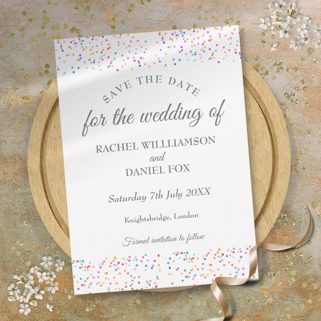Reserve A Data Casamento de Confetes de Arco-Íris Romântico (Romantic Rainbow Confetti Wedding Save The Date)