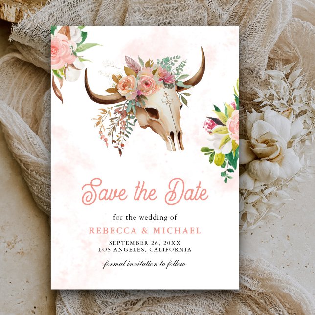 Reserve A Data Casamento de Crânio de Vaca Floral Tribal Boho (Criador carregado)