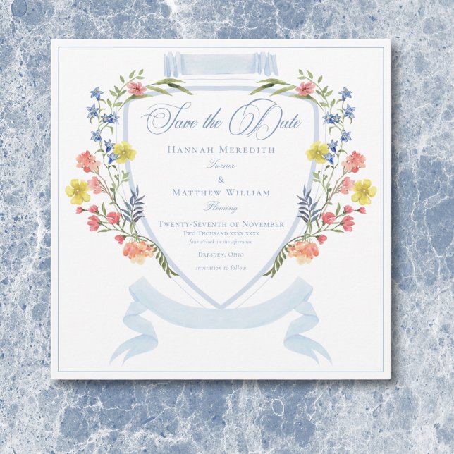 Reserve A Data Casamento de Crest de Pastel Azul e Derramado Eleg (Elegant Dusty Blue Pastel Wildflower Crest Wedding Save The Date)