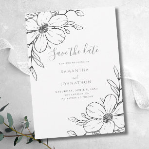 Reserve A Data Casamento de Desenho de Linha Floral Branca Negra
