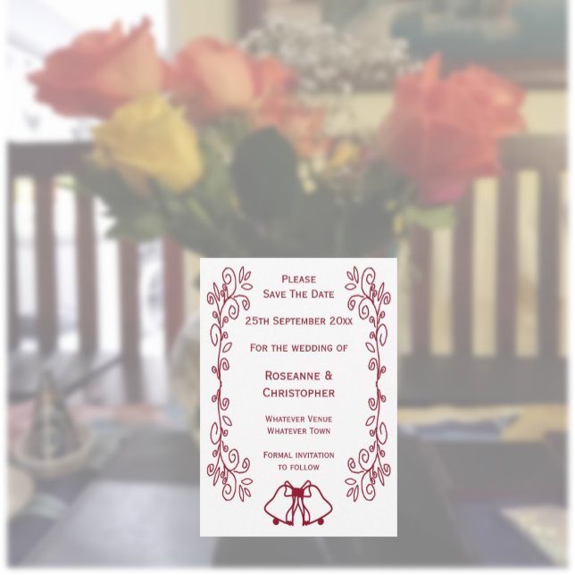 Reserve A Data Casamento de Design de Cartazes de Rolagem Burgund (Burgundy wedding save the date bells and scrollwork design)