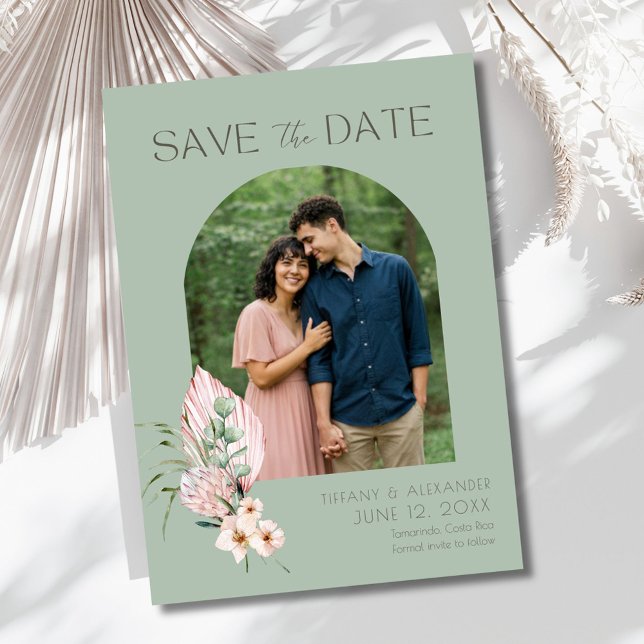 Reserve A Data Casamento de Destino com Foto de Arco de Praia Tro (Elegant Beach Tropical Photo Wedding Save The Date)