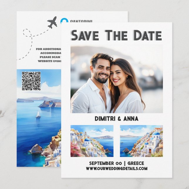 Reserve A Data Casamento de destino da costa de Santorini salvar  (Frente/Verso)
