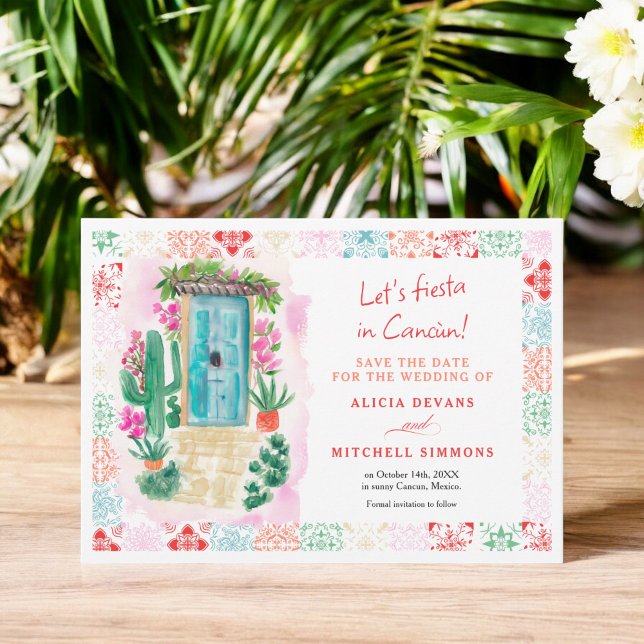 Reserve A Data Casamento de destino de aquarela tropical do Méxic (Mexico tropical watercolor destination wedding save the date)