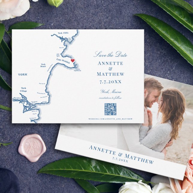 Reserve A Data Casamento de Destino do Marinho do Mapa de York (These QR code Maine map Save the Dates are perfect for your York, Maine Destination wedding)