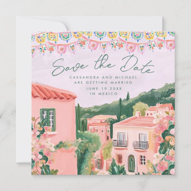 Reserve A Data Casamento de Destino em Cidade Mexicana Rosa (Frente)