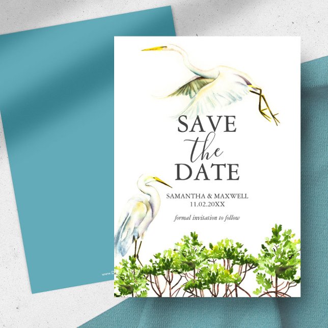 Reserve A Data Casamento de Destino Pássaro Tropical Save The Dat (Destination wedding save the date Florida theme great white heron & mangroves Victoria Grigaliunas)