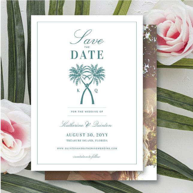 Reserve A Data Casamento de Destino Tropical de Palmeiras (Knotted Palm Trees Tropical Wedding Save The Date Photo Announcement Card @ fatfatin_blue_knot)
