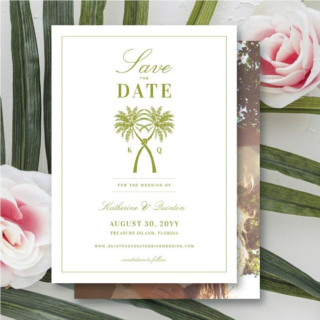 Reserve A Data Casamento de Destino Tropical de Palmeiras (Knotted Palm Trees Tropical Wedding Save The Date Photo Announcement Card @ fatfatin_blue_knot)