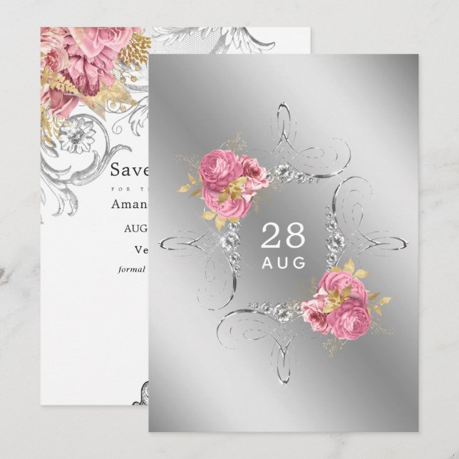 Reserve A Data Casamento de Diamante Floral Rosa e Dourado e Prat (Frente/Verso)