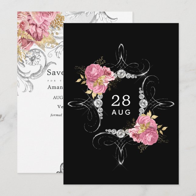 Reserve A Data Casamento de Diamante Floral Rosa e Dourado e Prat (Frente/Verso)