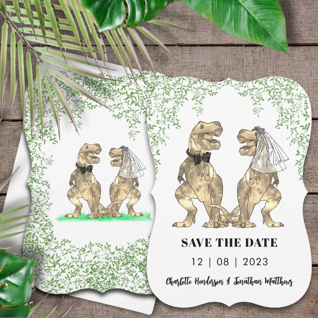 Reserve A Data Casamento de Dinossauros Noiva e Noivo T-Rex (Dinosaur wedding save the date invitation with T-Rex bride & groom Jurassic jungle foliage )