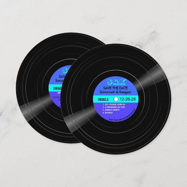 Reserve A Data Casamento de Disco Vinil Record Blue Aqua Stripes (Frente/Verso)