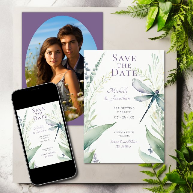 Reserve A Data Casamento de Dragonfly e Greenery Photo (Watercolor Dragonfly and Greenery Photo Wedding Save The Date)