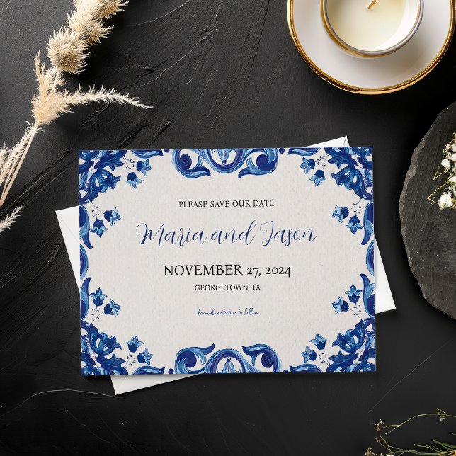 Reserve A Data Casamento de Elegante Fiesta Floral Azul Mexicano (Mexican Blue Floral Elegant Fiesta Wedding Save The Date)