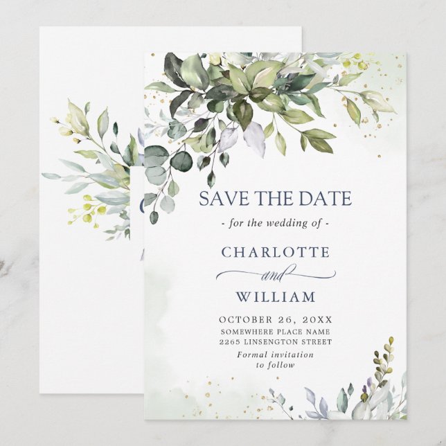 Reserve A Data Casamento de Eucalipto em Aquarela Elegante (Frente/Verso)