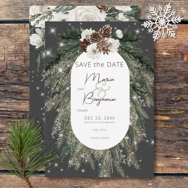 Reserve A Data Casamento de Faísca de Pinho Carvão Rústico de Inv (Rustic Charcoal Pine Winter Sparkle Wedding Save The Date)