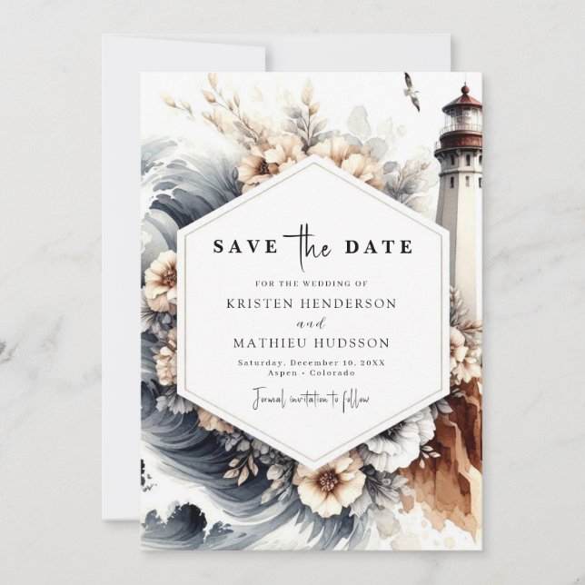 Reserve A Data Casamento de Farol Chic do Oceano Simples (Frente)