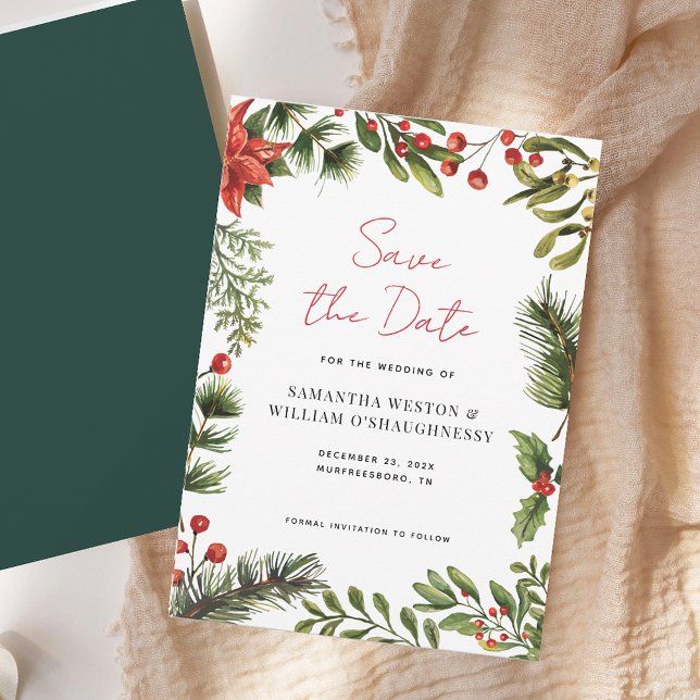 Reserve A Data Casamento de Feriado de Aquarela Verde (Watercolor Greenery Holiday Wedding Save The Date)