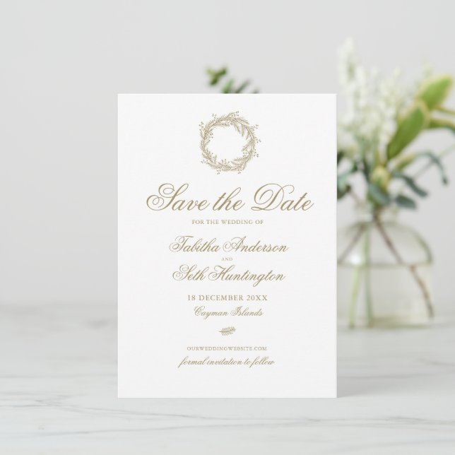 Reserve A Data Casamento de Feriado Dourado de inverno Elegante (Em pé/Frente)