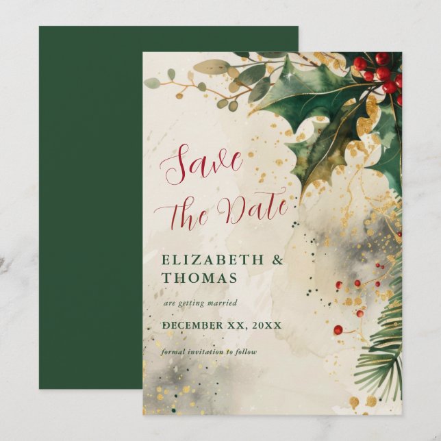 Reserve A Data Casamento de Férias Elegante com Acentos Dourados  (Frente/Verso)