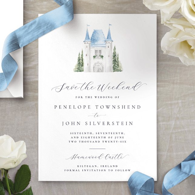 Reserve A Data Casamento de Final de Semana com Castelo em Aquare (Romantic Watercolor Castle Weekend Wedding Save The Date Card)