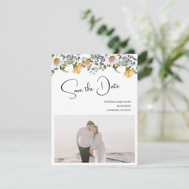 Reserve A Data Casamento de Flor Selvagem Amarelo Elegante (Em pé/Frente)