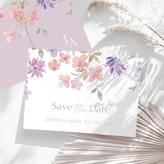 Reserve A Data Casamento de Flor Selvagem Rosa-Lavanda Elegante (Elegant Lavender Pink Whimsical Wildflower Wedding Save The Date Card)